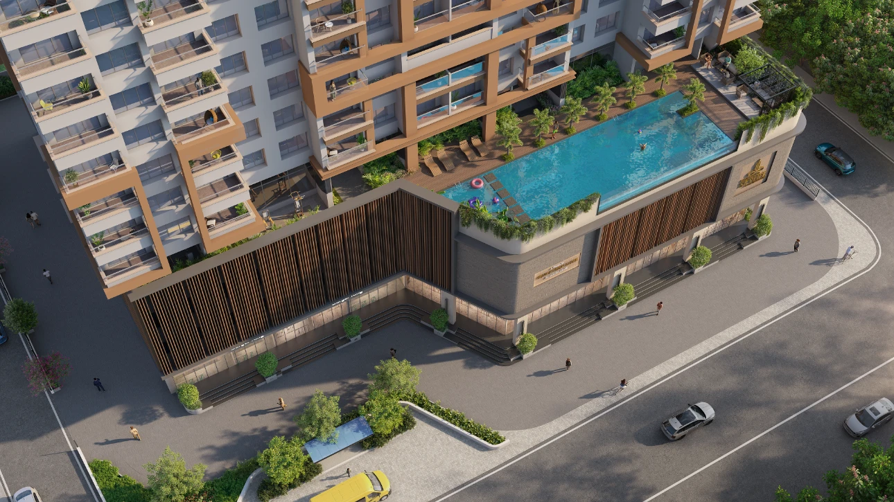 Aerial podium view of the pool deck